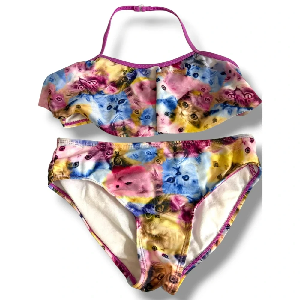 OP Ocean Pacific Girls Cat‎ Print Ruffle Halter Bikini Set Multicolor Size M 7-8